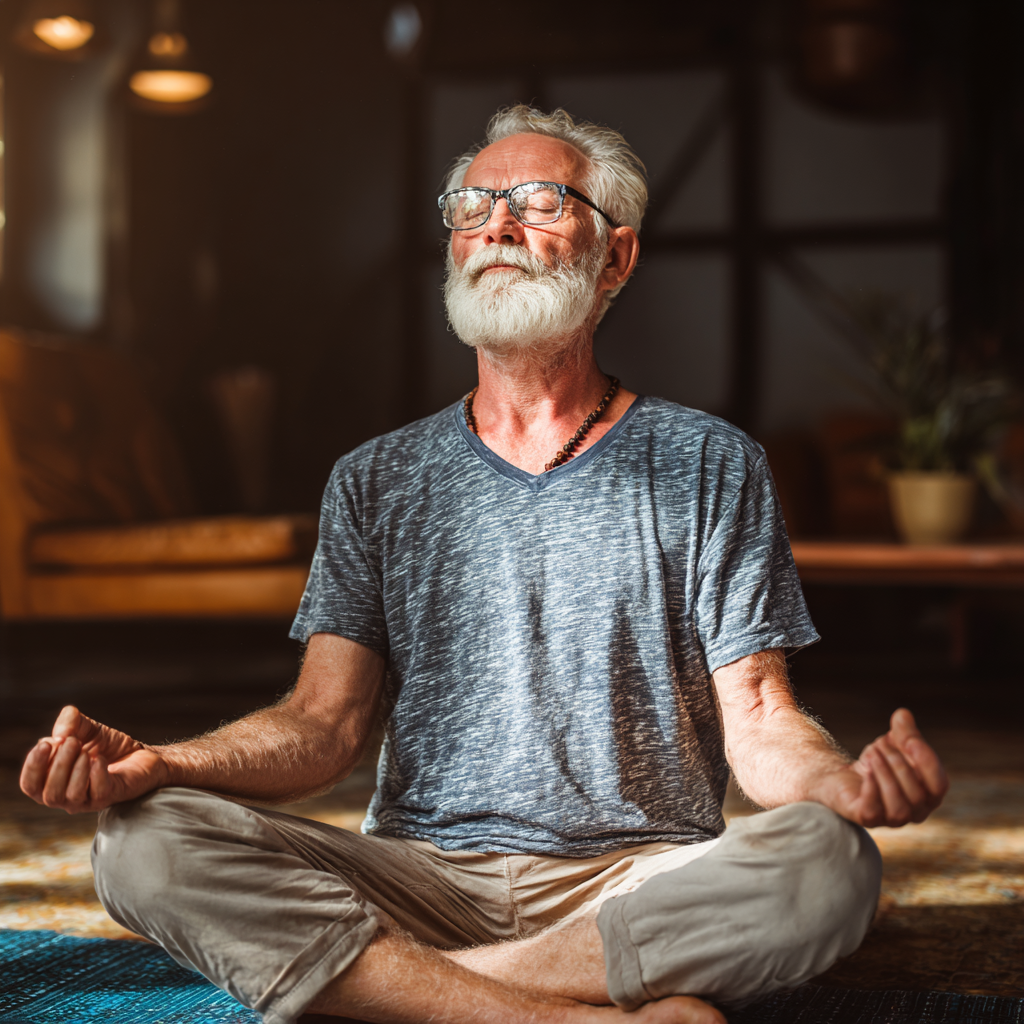 Serene elderly woman practicing yoga outdoors in peaceful garden setting with gentle morning light