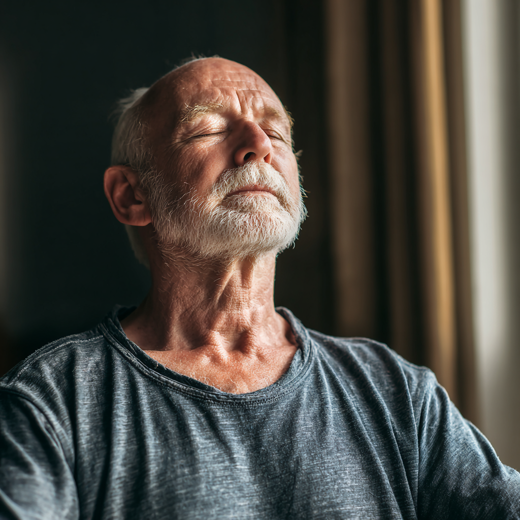 Peaceful elderly man in meditation pose with focused breathing technique in tranquil indoor setting