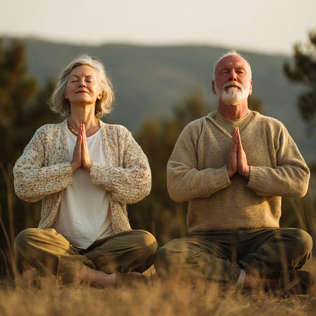 Content elderly woman in comfortable yoga pose demonstrating accessible practice in bright, welcoming studio environment
